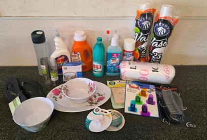 Large Mixed Household Lot: Cleaning Supplies, Tableware, 2 packs of Disposable Cups, Size 5 children's Flip Flops, 2 packs of Plastic Shot Glasses, Clips, Line Cord, Triplex Wall Jack, Deluxe Wire Brush