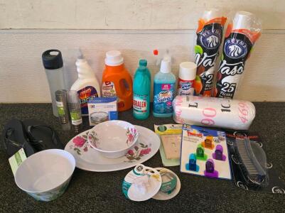 Large Mixed Household Lot: Cleaning Supplies, Tableware, 2 packs of Disposable Cups, Size 5 children's Flip Flops, 2 packs of Plastic Shot Glasses, Clips, Line Cord, Triplex Wall Jack, Deluxe Wire Brush