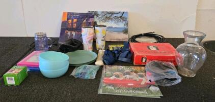 Mixed Household Lot &ndash; Bowls, Plates, Scattergories, 2026 Dog Calendars, Vase, Tumblers, More