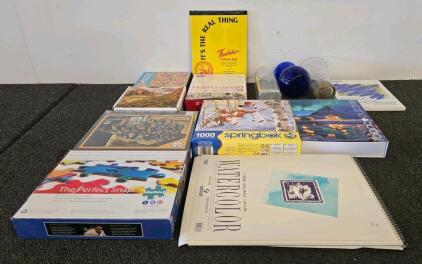 Mixed Lot Puzzles & Art Pads: Springbok 1000pc, Buffalo 500pc, Fredrix Canvas, Canson Watercolor, 3 Vases