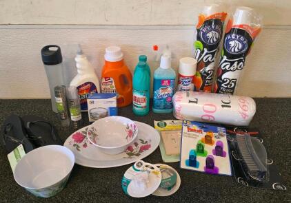 Large Mixed Household Lot: Cleaning Supplies, Tableware, 2 packs of Disposable Cups, Size 5 children's Flip Flops, 2 packs of Plastic Shot Glasses, Clips, Line Cord, Triplex Wall Jack, Deluxe Wire Brush