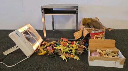 Assorted Lot: Chrome Side Table, Conair Vanity Mirror, 55 Dino Toys, Vintage Ornaments
