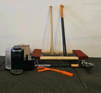 Large mixed lot of Axes, a functioning coffee machine, floor dolly etc