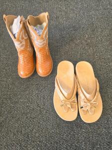 Children&rsquo;s Western Cowboy Boots (Tan, Embroidered) & Vionic Women&rsquo;s Thong Sandals, Bow Detail