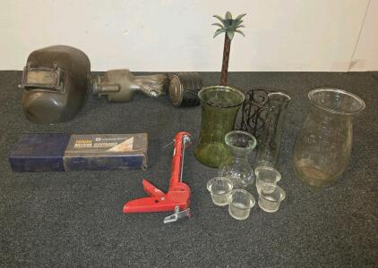 Mixed Lot: Welding Helmet, Pneumatic Tool Part, Premium Welding Electrodes, Caulking Gun, Glass Vases