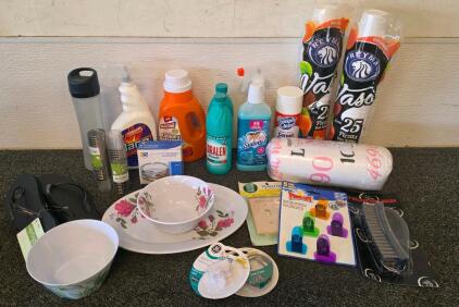 Large Mixed Household Lot: Cleaning Supplies, Tableware, 2 packs of Disposable Cups, Size 5 children's Flip Flops, 2 packs of Plastic Shot Glasses, Clips, Line Cord, Triplex Wall Jack, Deluxe Wire Brush