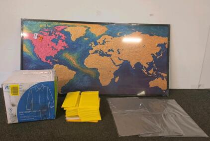Large Framed World Map, AmerCareRoyal XL Lab Coats (30), 9x12" Mailers, Yellow Sleeves, Grey Mats