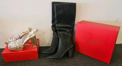 Cervigado Gold Heeled Sandals & Black Knee-High Boots, New in Box