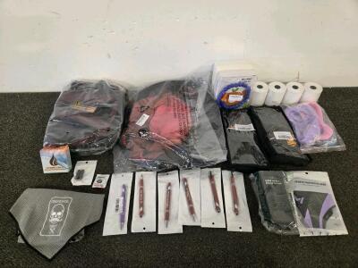 Bulk Lot: Goloni Sports Backpack, Handheld Vacuum, Large Brim Hat, Pens, Gloves, Sunglasses, & Accessories
