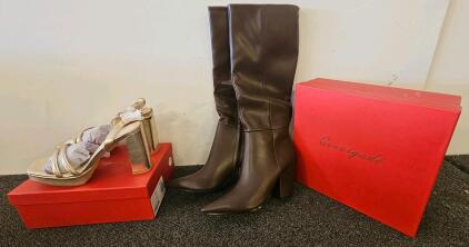 Cervigado Metallic Gold Heeled Sandals & Dark Brown Knee-High Heeled Boots