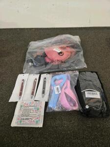 Mixed Lot: Wide-Brim Organza Hat, XXL Motorcycle Gloves, Pens, Pilates Bands
