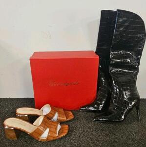 Cervigado Croc-Embossed Tall Black Boots & Tan Heeled Mules with Original Box, Women&rsquo;s Shoes