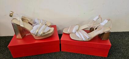 Cervigado Women's Block Heel Sandals, Gold Metallic & Nude, Square Toe, Ankle Strap, New in Box