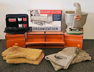 Vintage Stackable Metal Storage Bins (4), Scotts Wizz Spreader, Bed Risers, Poker Set, Gloves (J)
