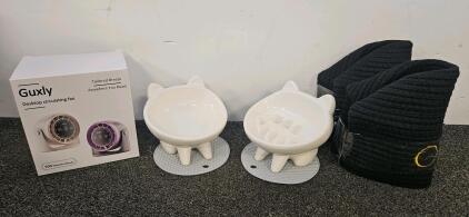 Guxly Desktop Circulating Fan with Stepless Speed; Two Ceramic Cat Ear Pet Bowls with Mats and two woven basket nursers or pet bed