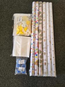 BlastHome Tuxedo Black Signature Curtain Rod Set, 15 ft, 1.25" Diameter, New in Box, 6 Birthday Wrapping paper, Golden Party Supplies, 6 blue ear plugs, 100 clear goodie bags