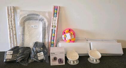 Mixed Lot: Guxly Fan, Squishmallows Plush, Cat Bowls, two dock fender bumpers , 6 Wrapping Paper, Collapsible Baby Bathtub, Black woven basket nursers