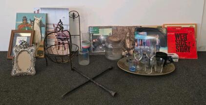 Assorted Home Decor Lot: Framed Art, Glassware, Baskets, Metalware, Jars, Corona & Hooter Shooter, Records (West Side Story, George Benson, Robbie Nevil, The Final Countdown, LED Zeppelin, Hank Willams JR Rowdy, Blood Sweat and Tears