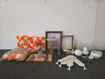 Ceiling Fan Assembly, Framed Wildlife Art, Faux Floral Panels, Glassware & Decor Mixed Lot, Two bird feeders, two Grio Pipe Wrenches, Drill bit grinding attachment 1964 Mustang