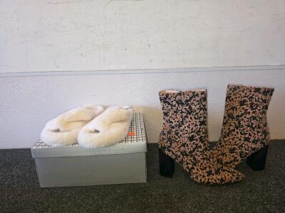 Leopard Print Fashion Ankle Boots size 6.5 & RockDove Cream Faux Fur Slippers with Box