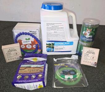 Mixed Lot: CUTRINE PLUS Algaecide, Milky Spore Beetle Control, Cat Grass, Pest Traps, USB Collar