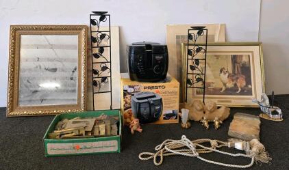 Mixed home lot: Decor, Candle holders, Hanging decorations, Presto CoolDaddy Cool-Touch Deep Fryer Model with Original Box (plugged in and functioning) (Shelf H)