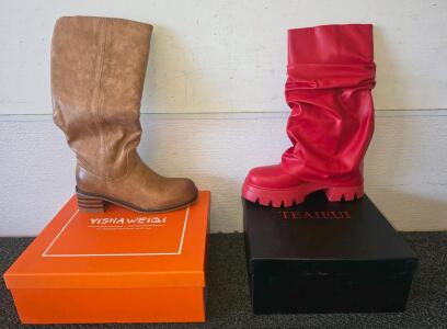 YISHA WEIGI Brown Western Knee-High Boots & TEAIEUI Red Slouch Lug Sole Boots