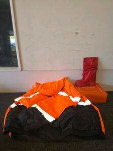 High-Visibility Orange Jacket, ANSI Class 3, Hooded & YISHAWEIQI Red Mid-Calf Slouch Boots