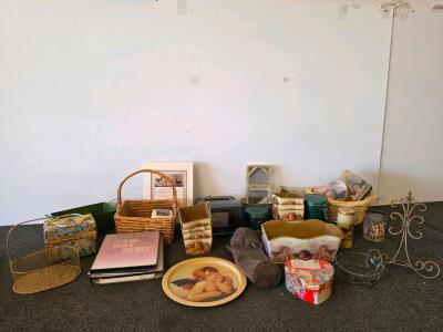 Angel and Cherub-Themed Home Decor Collection, home decor, baskets, and a non functioning radio,