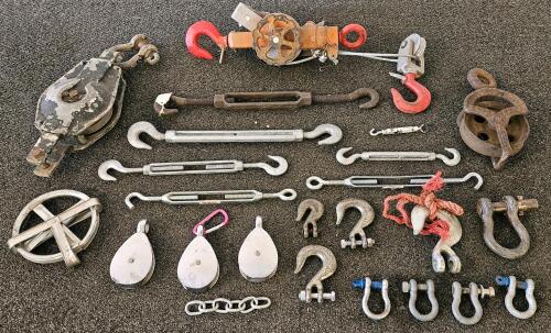 Assorted Rigging Hardware Lot: Pulleys, Shackles, Hooks, Turnbuckles, Snatch Blocks, Chain, Wire Rope Puller