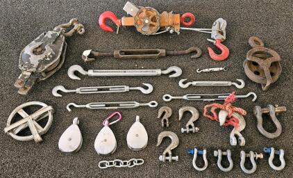 Assorted Rigging Hardware Lot: Pulleys, Shackles, Hooks, Turnbuckles, Snatch Blocks, Chain, Wire Rope Puller