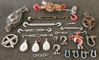 Assorted Rigging Hardware Lot: Pulleys, Shackles, Hooks, Turnbuckles, Snatch Blocks, Chain, Wire Rope Puller