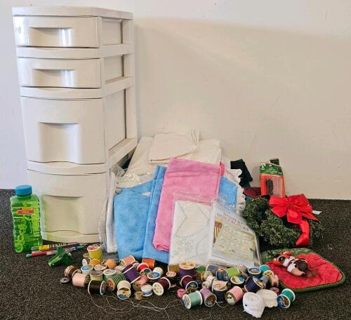 Assorted Sewing & Quilting Supplies With 4-Drawer Organizer, 50+ Threads, Fabric, Project Kit