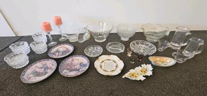 Large Vintage Glassware & Lena Liu Collector Plate Lot &ndash; 22 Pieces, Floral & Pressed Patterns (D)