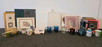 Wall-Mountable CD Player with Built-in Speakers, USB-Powered, White. Multiple pieces of canvas both new and used. Several coffee mugs, including Tweety, blue glass and more (D)