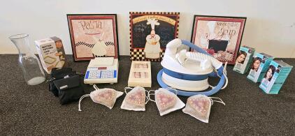 Household Lot: Compucal Kitchen Scale, Conair Steamer, (both tested and work), Wall Art, L'Or&eacute;al Kits, Glass Carafe (D)