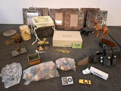 Mixed Lot: Leather Duty Belt, Ornate Metal Frames, Metal Cash Box, Figurines, Simplot Toy Truck