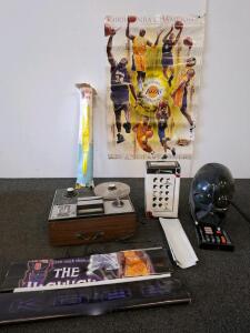 Bell & Howell Stereo 4 Track Solid State Reel-to-Reel Tape Recorder, ( powered on) 7" Reels, Vintage 1960s/70s, lakers posters, Darth Vader mask