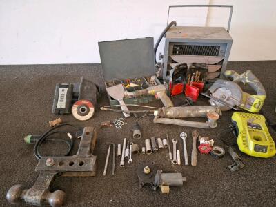 Mixed Lot: Ryobi Power Tools, John Deere Monitor, Chief Pneumatic Wrench, Hitch, Hardware, Heater ( shelf A)