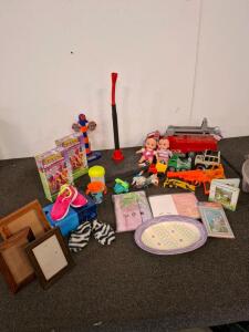 Mixed Lot: Stride Rite Toddler Shoes, PAAS Volcano Kits, Toys, Frames, Sippy Cups, Books, fire truck, cars, t- ball, and more
