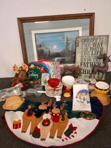 Mixed Lot of Christmas D&eacute;cor & Housewares: Cherished Teddies Train Set, Tree Skirt, Dinnerware, wall art