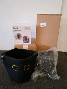 Amazon products ( new) Guxly Desktop Circulating Fan 100 Stepless Speeds USB Powered, Beige/Purple Boxed, two weaved black baskets, cat feeding dish. Transit gas door assembly