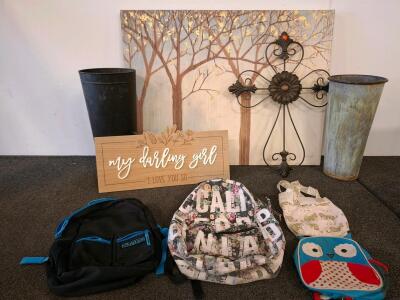 Burton, Skip Hop, California Floral, Kids & Adult Backpack Lot &ndash; Tote, 4 Designs, Zippers, large wall art, metal floral pots, scrolling metal decorative cross.