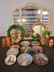 Vintage Cream Tri-Fold Wall Mirror 50"x40" with Set of 9 Porcelain Collector Plates, wreath's
