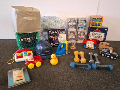 Large Lot: Board Games, Vintage Fisher-Price Toy, Dumbbells, Plush Figurines, Thermostat