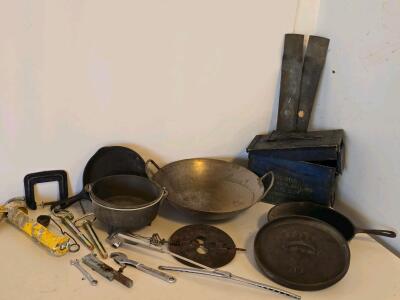 Vintage Lodge Cast Iron Cookware, Hand Tools, M2A1 50 Cal Ammo Box, Mower Blades, Hardware Lot