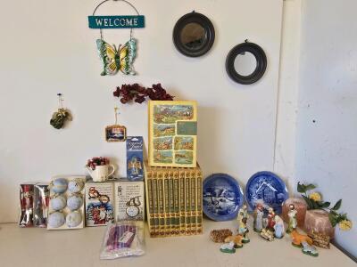 Assorted Vintage Home D&eacute;cor Lot &ndash; Greystone Book Set, Nativity, Ornaments, Delft Plates, Salt Holders