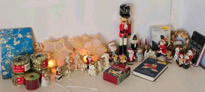 Large Lot of Christmas Figurines, Nutcracker, Garland, Snowflake Lights, Books, Accessories