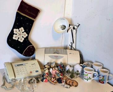 Christmas Mugs, Nativity Sets, Compaq IJ600 Printer, Brother FAX-180, Desk Lamp Lot