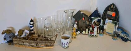 Large Nautical Coastal Decor Lot&mdash;Lighthouses, Rustic Boat, Teddy Bears, Vases, Dolphins, Frame